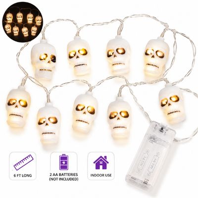 LED Skull String Lights – 10 White Skull Lights, Battery Operated Halloween Decoration (1 Set)