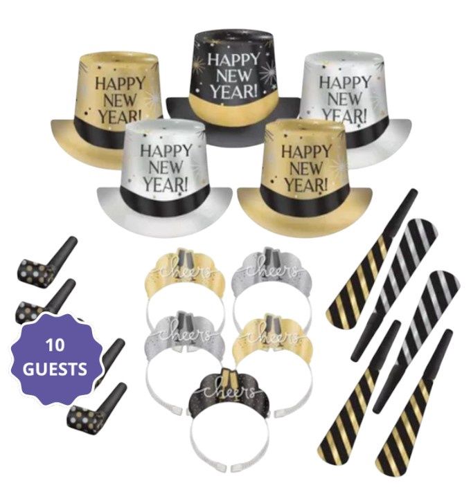 Kit for 10 - Black, Silver, Gold New Year's Eve Party Kit, 20pc