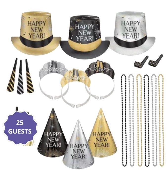 Kit for 25 - Black, Silver, Gold New Year's Eve Party Kit, 75pc