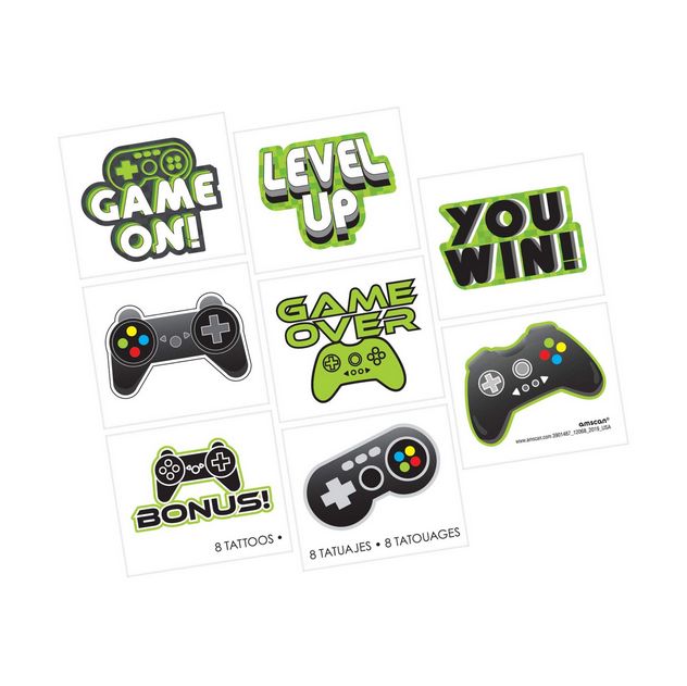 Level Up "Game On!" Temporary Tattoos, Green/Black, 8-pk