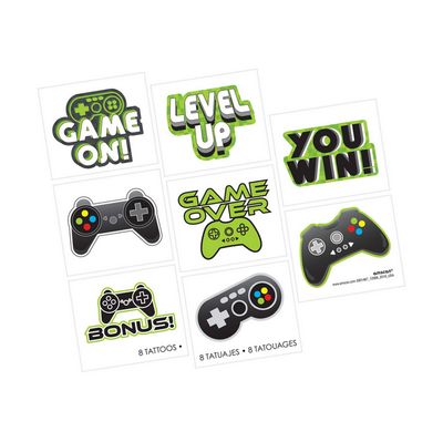 Level Up "Game On!" Temporary Tattoos, Green/Black, 8-pk