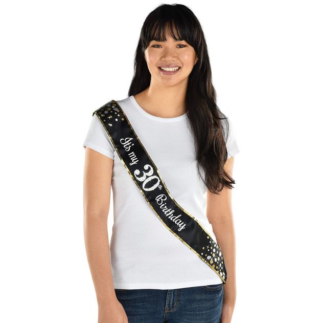 Black &amp; Silver "It's My 30th Birthday" Sparkling Celebration Sash, 30-in