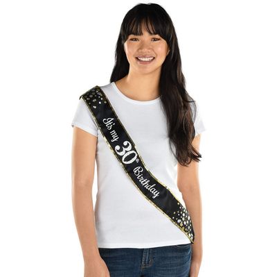 Black &amp; Silver "It's My 30th Birthday" Sparkling Celebration Sash, 30-in