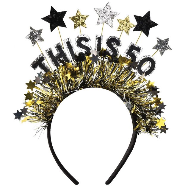 Black &amp; Gold Fringe "This is 50" Headband