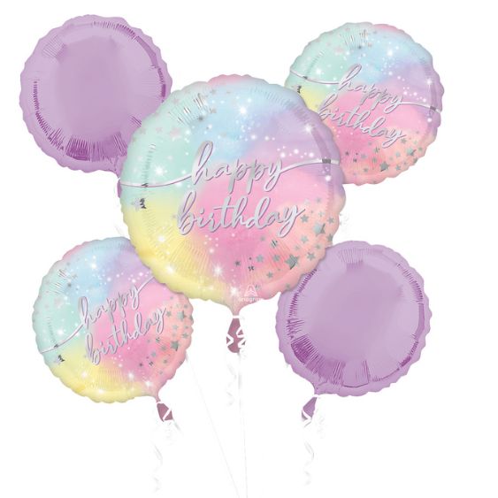 Luminous "Happy Birthday" Round Satin Foil Balloon Bouquet, Purple, 5-pcs, Helium Inflation &amp; Ribbon Included
