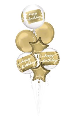 Golden Age "Happy Birthday" Star/Orbz Satin Foil Balloon Bouquet, White/Gold, 7-pcs, Helium Inflation &amp; Ribbon Included