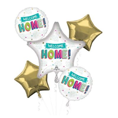 "Welcome Home" Satin Foil Balloon Bouquet, White/Gold, 5-pk, Helium Inflation &amp; Ribbon Included
