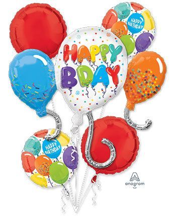 "Happy Birthday" Round Satin Foil Balloon Bouquet, Multi-Coloured, Confetti, 5-pcs, Helium Inflation &amp; Ribbon Included