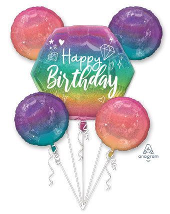 Sparkle "Happy Birthday" Octagon/Round Satin Foil Balloon Bouquet, Multi-Coloured, Ombre 5-pcs