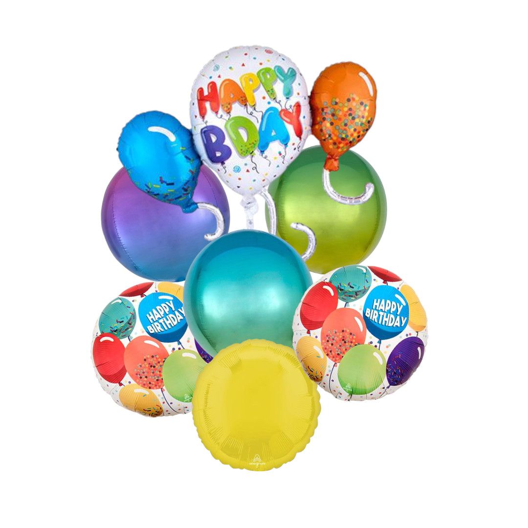 Deluxe "Happy Birthday" Round Satin Foil Balloon Bouquet | 7-Piece Set