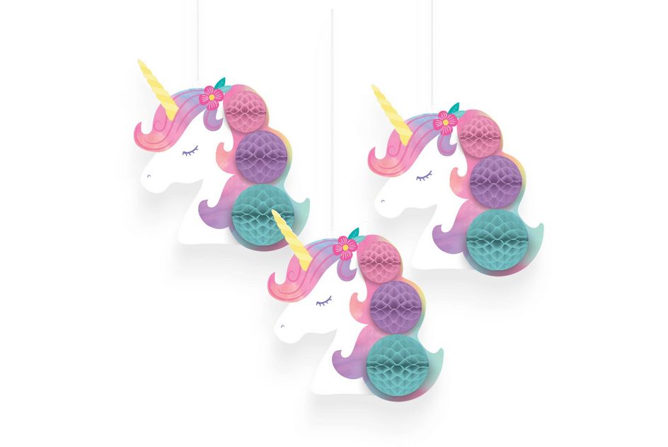 Unicorn Honeycomb Hanging Decorations, Pink/Blue, 9-in, 3-pk