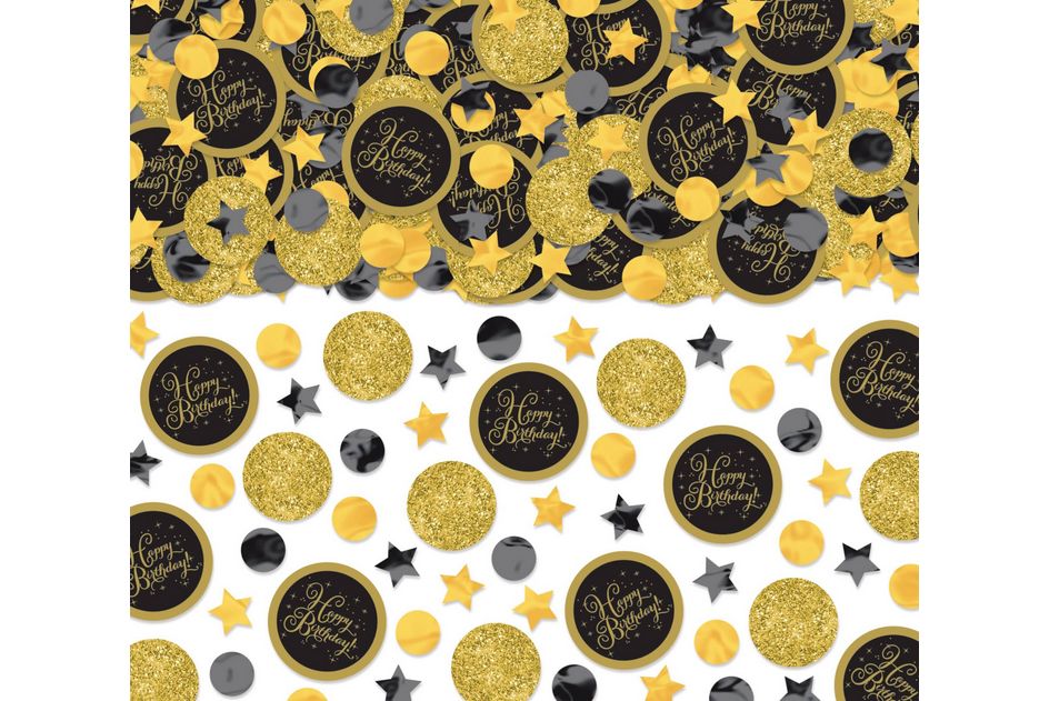 "Happy Birthday" Stars &amp; Circles Glitter Confetti Table Scatter Decoration, Black/Gold, 2.5-oz