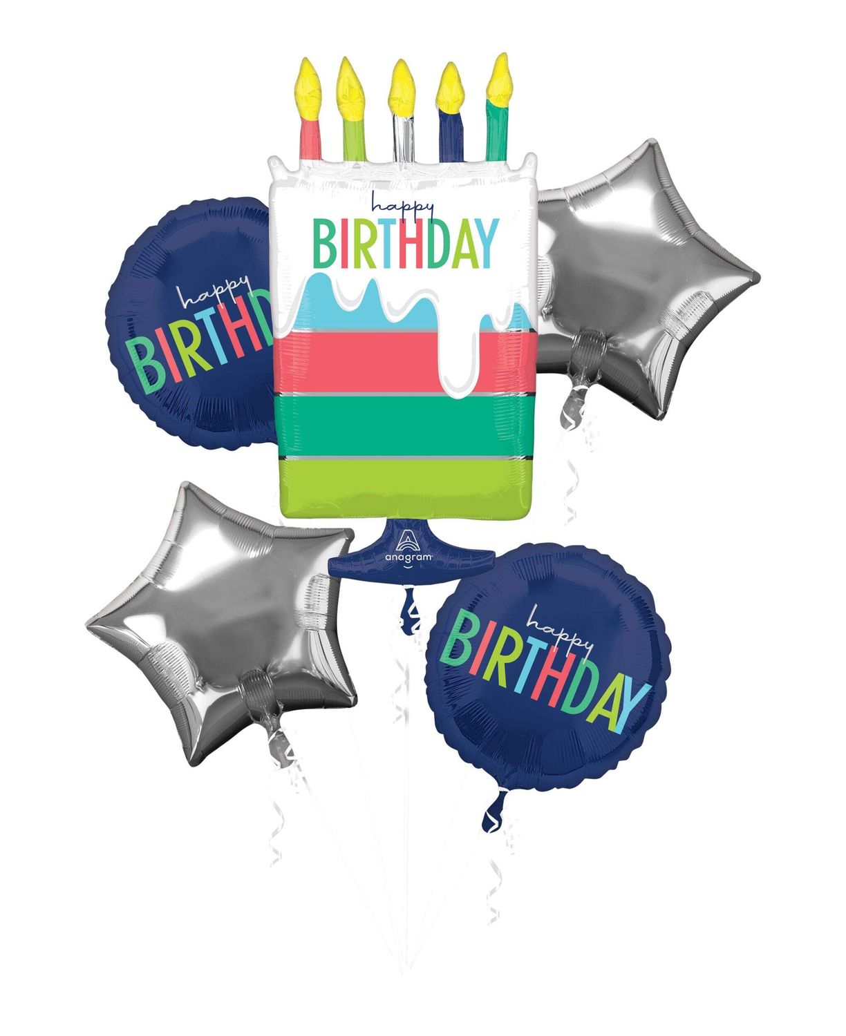 Birthday Cake/Round/Star Satin Foil Balloon Bouquet, Navy Blue/Silver, 5-pcs