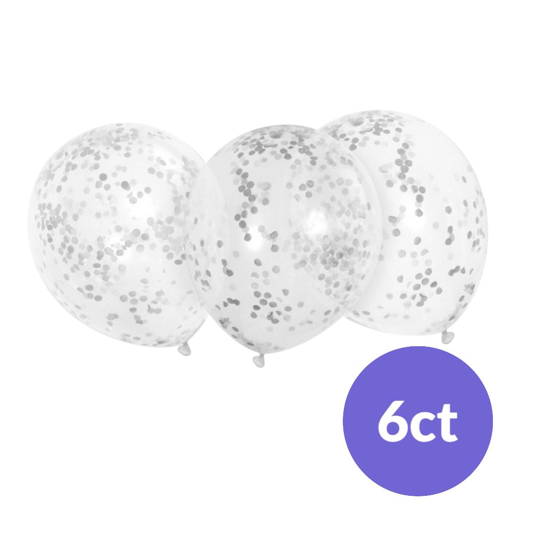 Clear Latex Balloons with Silver Paper Confetti – 12", 6ct (Un-inflated)