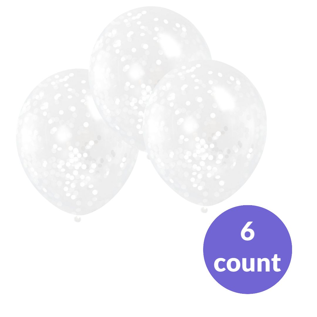 Clear Latex Balloons with White Paper Confetti – 12", 6ct (Un-inflated)