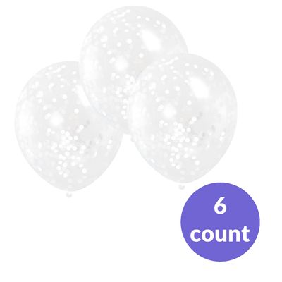 Clear Latex Balloons with White Paper Confetti – 12", 6ct (Un-inflated)