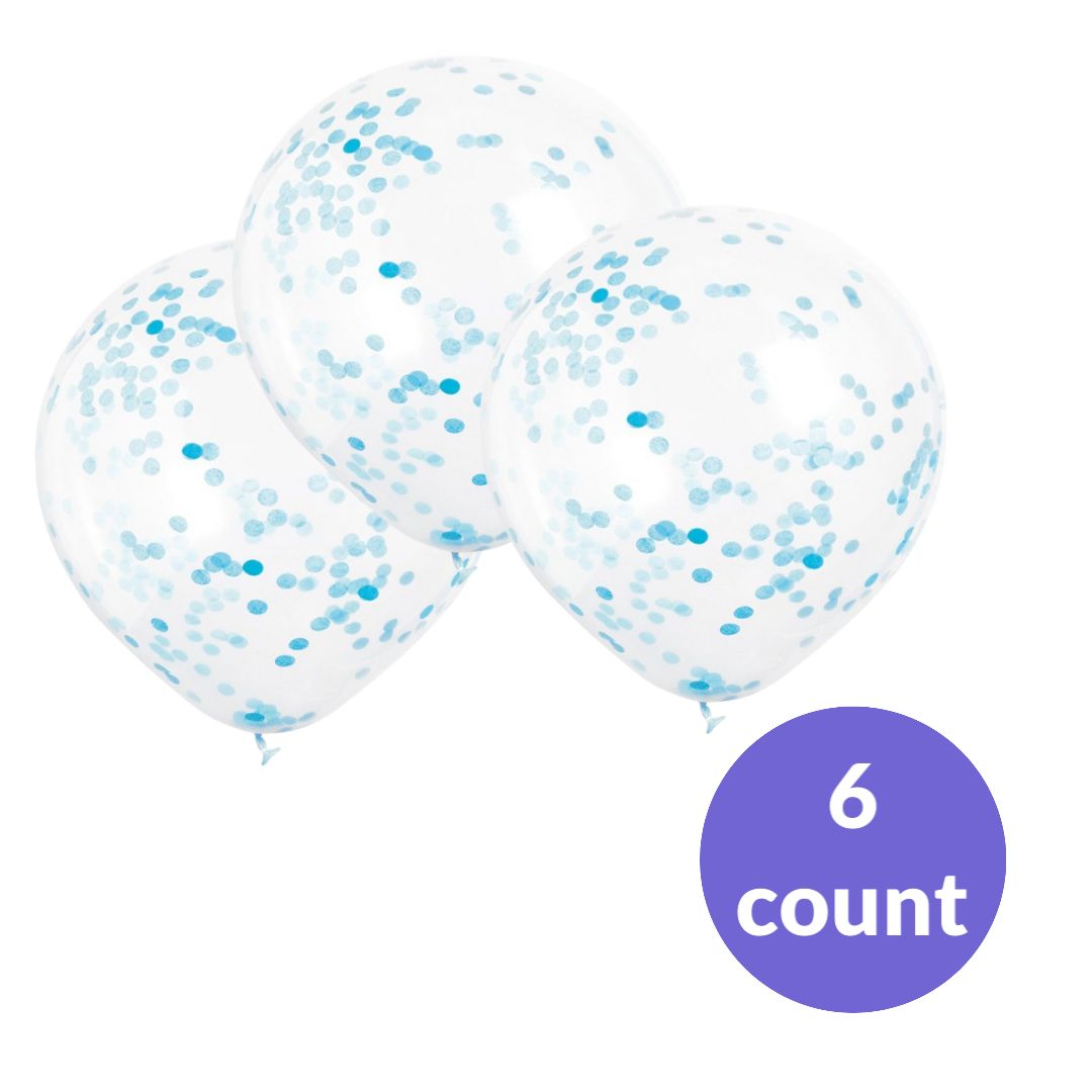 Clear Latex Balloons with Powder Blue Paper Confetti – 12", 6ct (Un-inflated), INFLATION: Un-filled