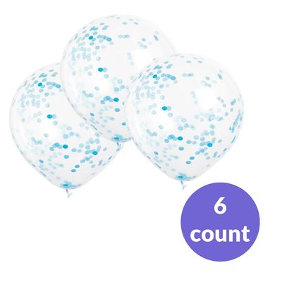 Clear Latex Balloons with Powder Blue Paper Confetti – 12", 6ct (Un-inflated)