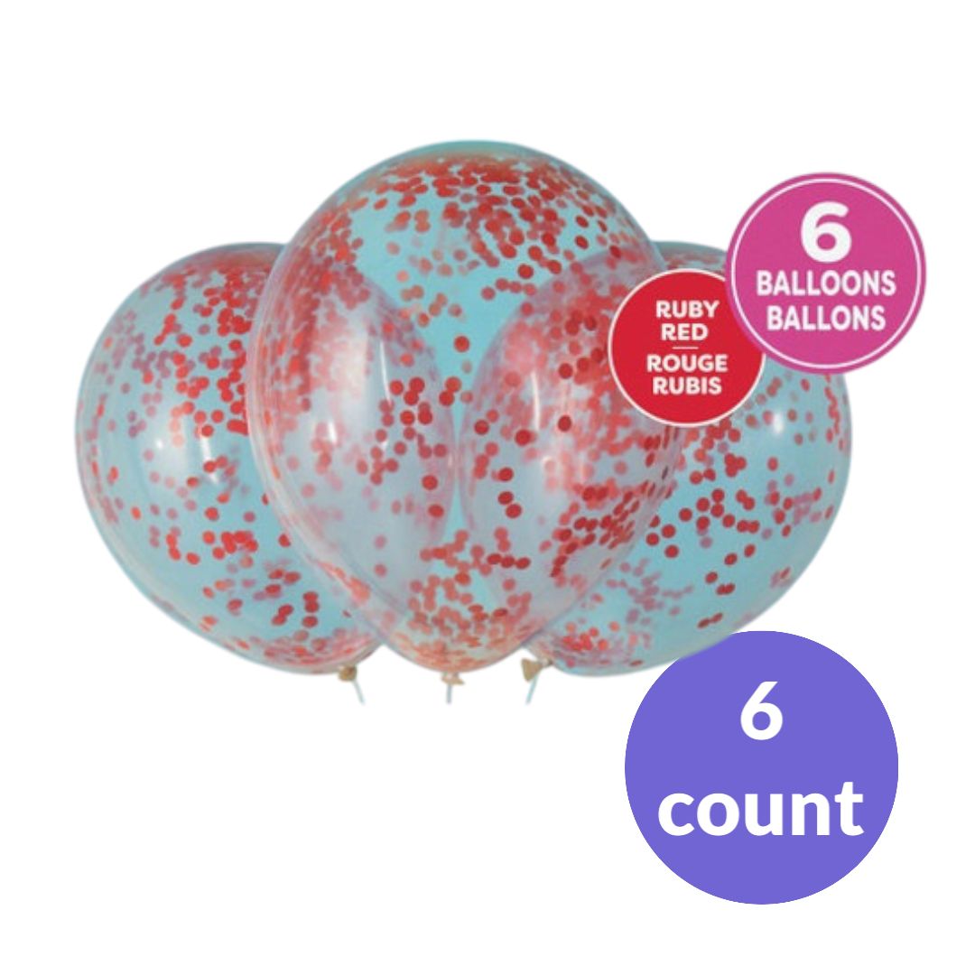 Clear Latex Balloons with Ruby Red Confetti – 12" | 6 Count (Un-inflated)