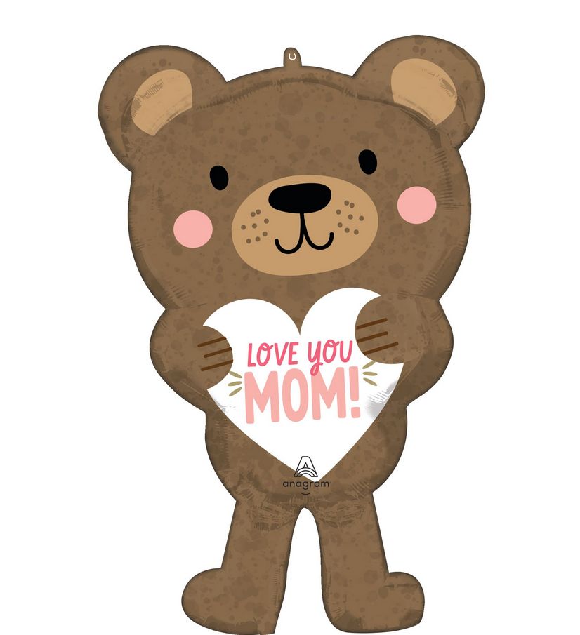 Supershape "Love You Mom" Bear Heart Balloon – 19in x 30in