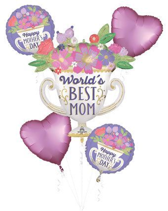 Satin "World’s Best Mom" Trophy Balloon Bouquet – 5 Piece Set