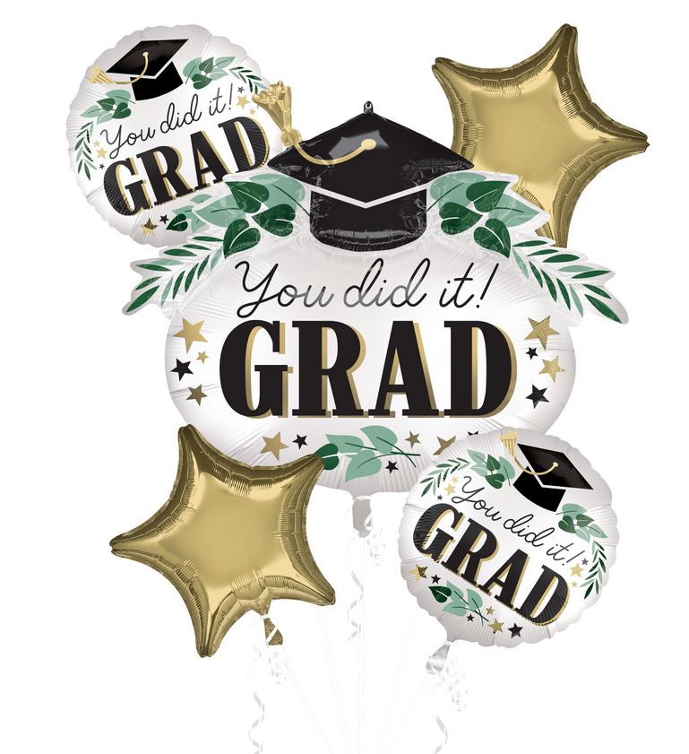 "You did it Grad" Star/Round Satin Foil Balloon Bouquet, White/Gold, 5-pk, Helium Inflation &amp; Ribbon