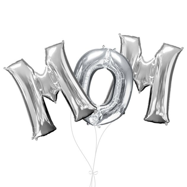 “MOM” Foil Letter Balloon Bouquet, Silver, 3-pk, Helium Inflation &amp; Ribbon Included