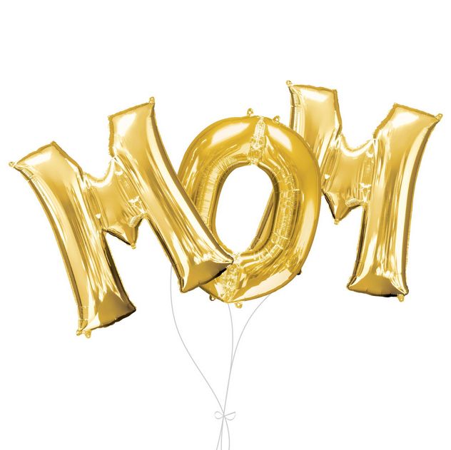 “MOM” Foil 34 inch Letter Balloon Bouquet, Gold, 3-pk, Helium Inflation &amp; Ribbon Included