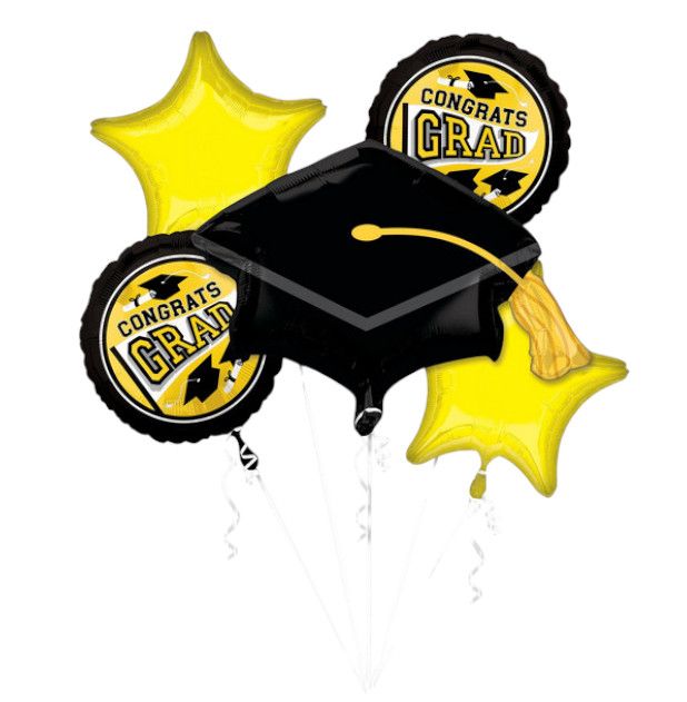 School Colours "Congrats Grad" Graduation Cap/Star Satin Foil Balloon Bouquet, Yellow/Black, 5-pk