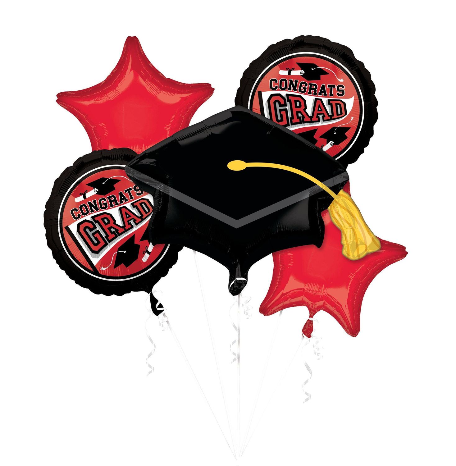 "Congrats Grad" Graduation Cap/Star Satin Foil Balloon Bouquet, Red/Black, 5-pk, Helium Inflation &amp; Ribbon Included