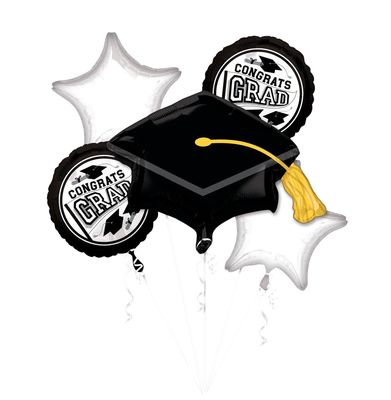 Congrats Grad Graduation Cap &amp; Star Satin Foil Balloon Bouquet, White &amp; Black – 5pc with Helium &amp; Ribbon