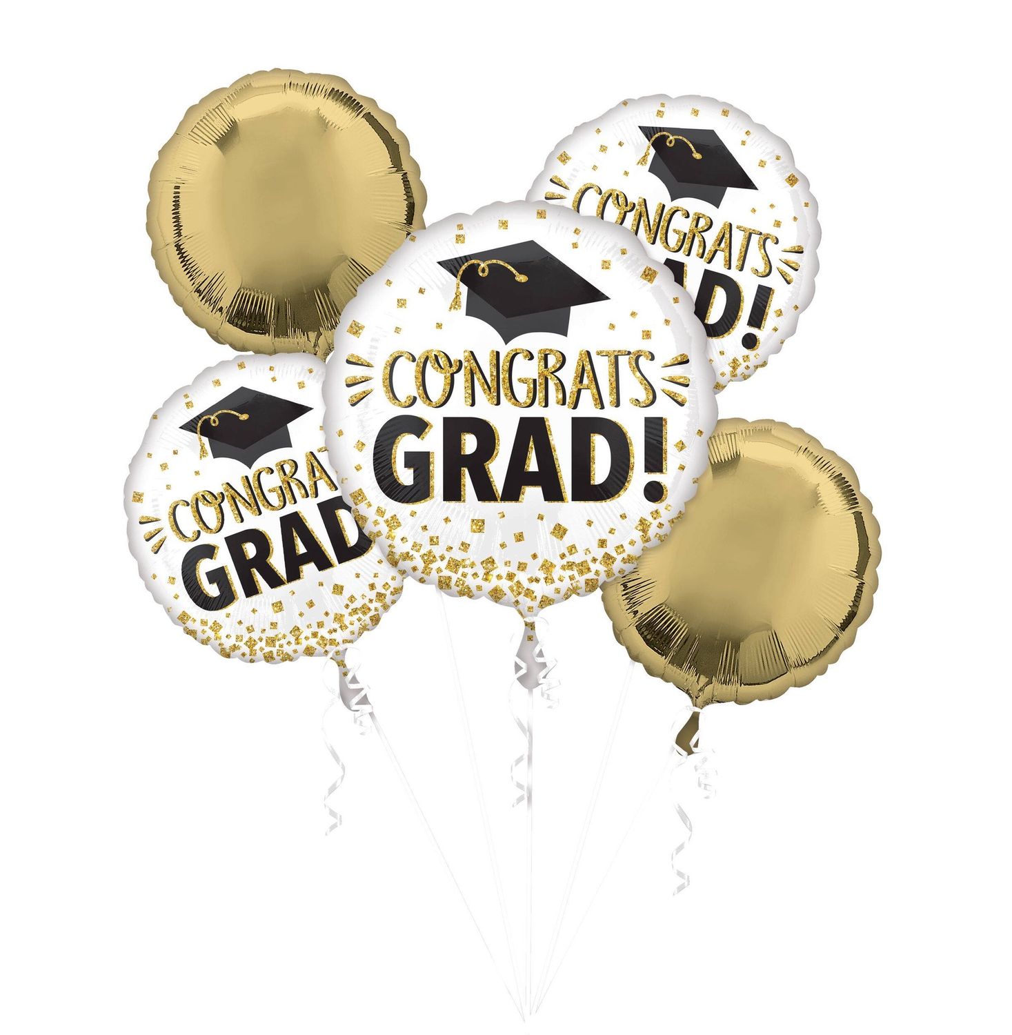 "Congrats Grad" Round Satin Foil Balloon Bouquet, White/Gold, 5-pk