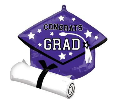 School Colours "Congrats Grad" Graduation Cap Satin Foil Balloon, Purple, 24-in