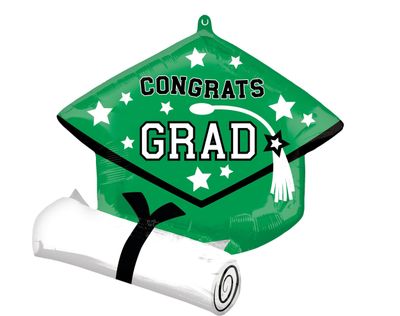 "Congrats Grad" Graduation Cap Satin Foil Balloon, Green, 24-in, Helium Inflation &amp; Ribbon Included