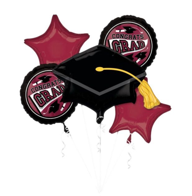 "Congrats Grad" Graduation Cap/Star Satin Foil Balloon Bouquet, Maroon/Black, 5-pk, Helium  &amp; Ribbon Included