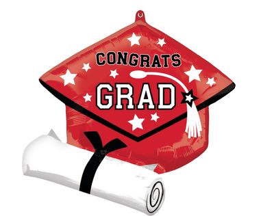 "Congrats Grad" Graduation Cap Satin Foil Balloon, Red, 24-in