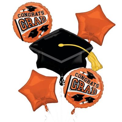 Congrats Grad Graduation Cap &amp; Star Satin Foil Balloon Bouquet, Orange &amp; Black – 5pc