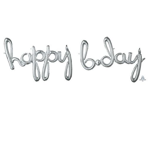Cursive Script "HAPPY BDAY" Silver Balloon Phrase – Air-Fill Only