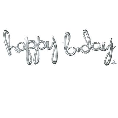 Cursive Script "HAPPY BDAY" Silver Balloon Phrase – Air-Fill Only