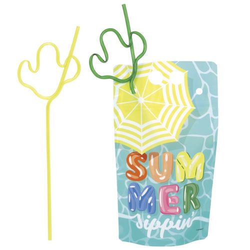 Summer Fun "Summer Sippin" 18oz Drink Pouches with Cactus Shaped Straws – 4ct