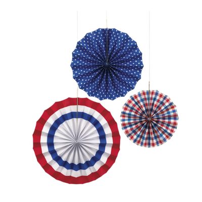 Red  White &amp; Blue Patriotic Assorted Paper Fan Decorations  3ct