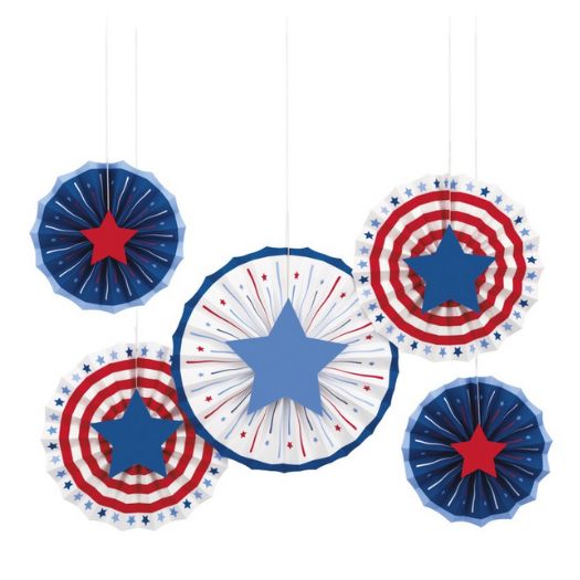 Patriotic USA Assorted Paper Fan Decorations with Diecut Stars  5ct