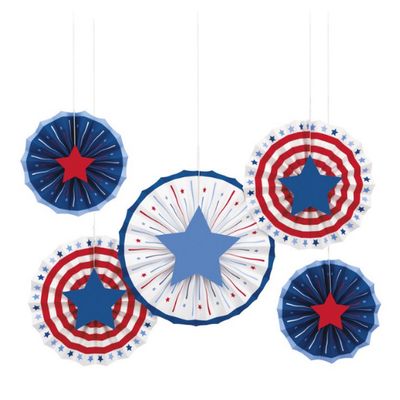 Patriotic USA Assorted Paper Fan Decorations with Diecut Stars  5ct