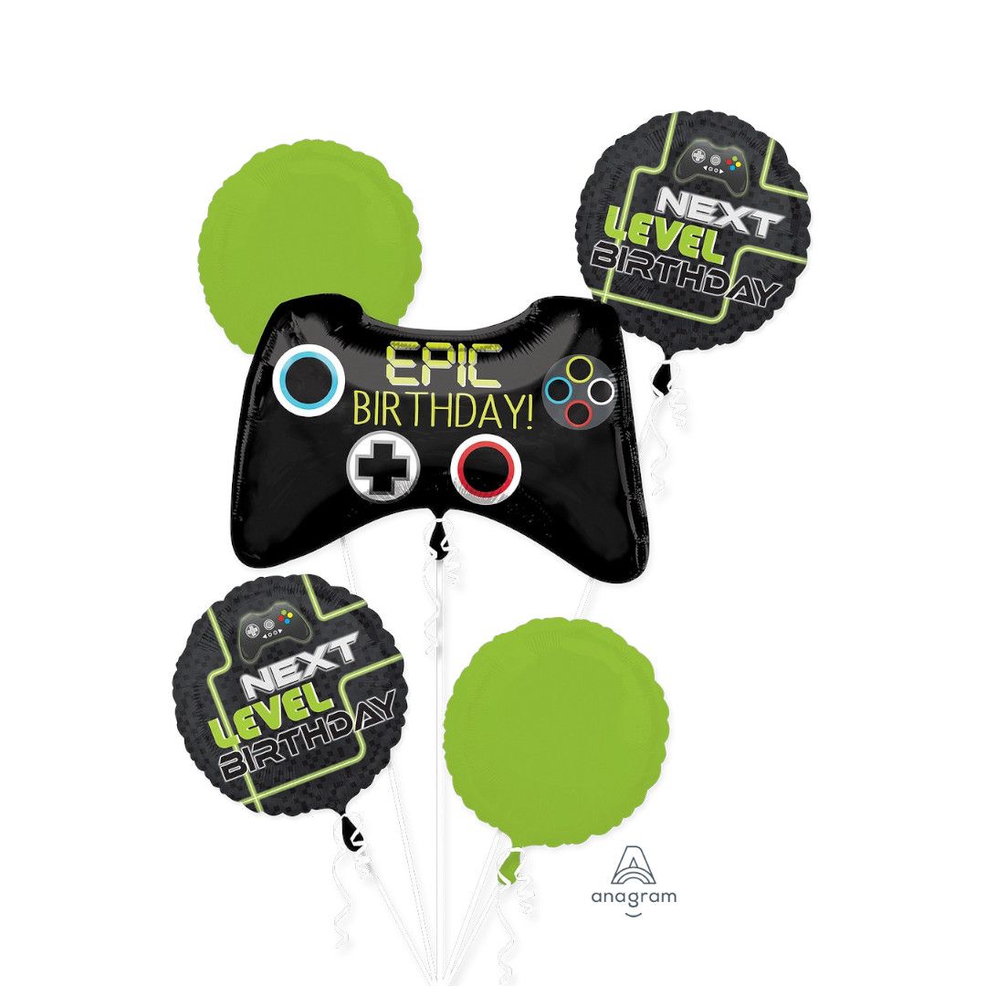 Level Up "Epic Birthday" Game Controller/Round Satin Foil Balloon Bouquet, Black/Green, 5-pk