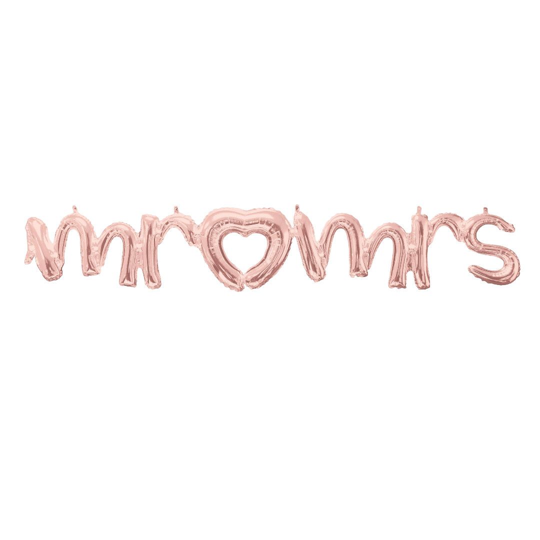 "Mr and Mrs"Cursive Letters Satin Foil Balloon, Rose Gold, 59x10-in, Air-Filled for Engagement/Wedding