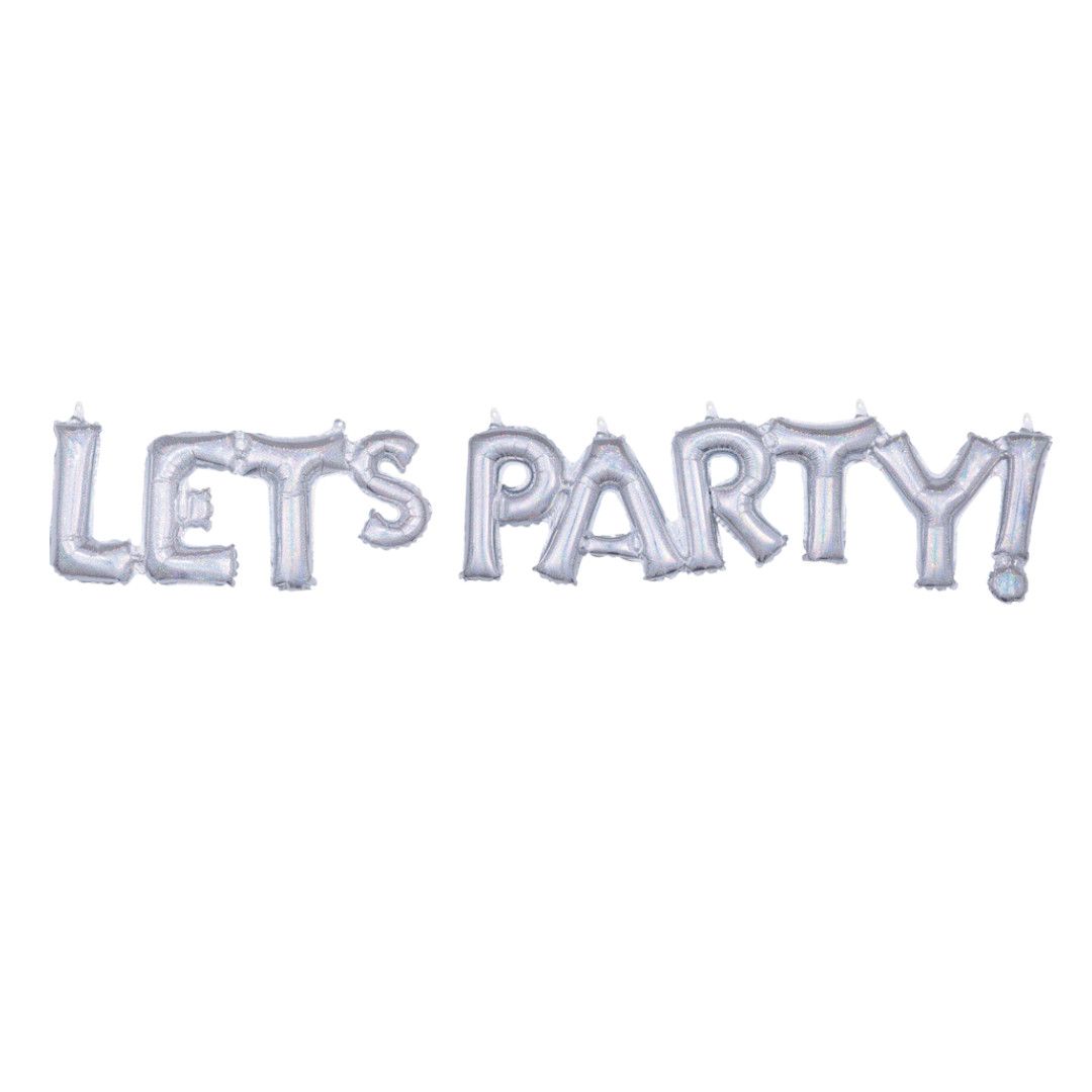 "Let's Party" Letters Satin Foil Balloon, Prismatic Silver, 54x9-in, Air-Filled for Graduation/Engagement/Birthday/Retirement