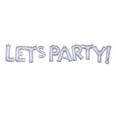 "Let's Party" Letters Satin Foil Balloon, Prismatic Silver, 54x9-in, Air-Filled for Graduation/Engagement/Birthday/Retirement