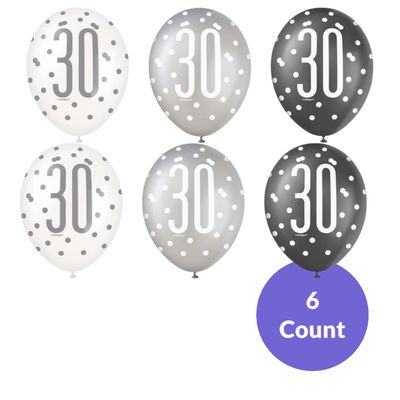 Number 30th Assorted 12" Latex Balloons – 6ct