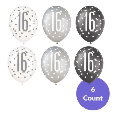 6ct Glitz Black Number 16 Assorted 12" Latex Balloons