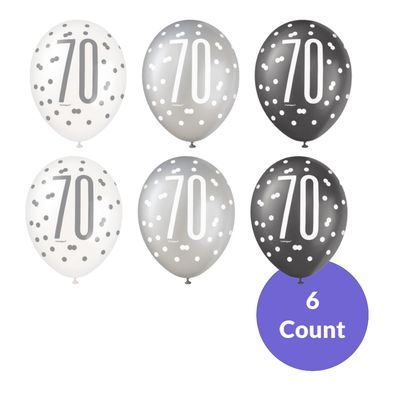 6ct Glitz Black Number 70 Assorted 12" Latex Balloons